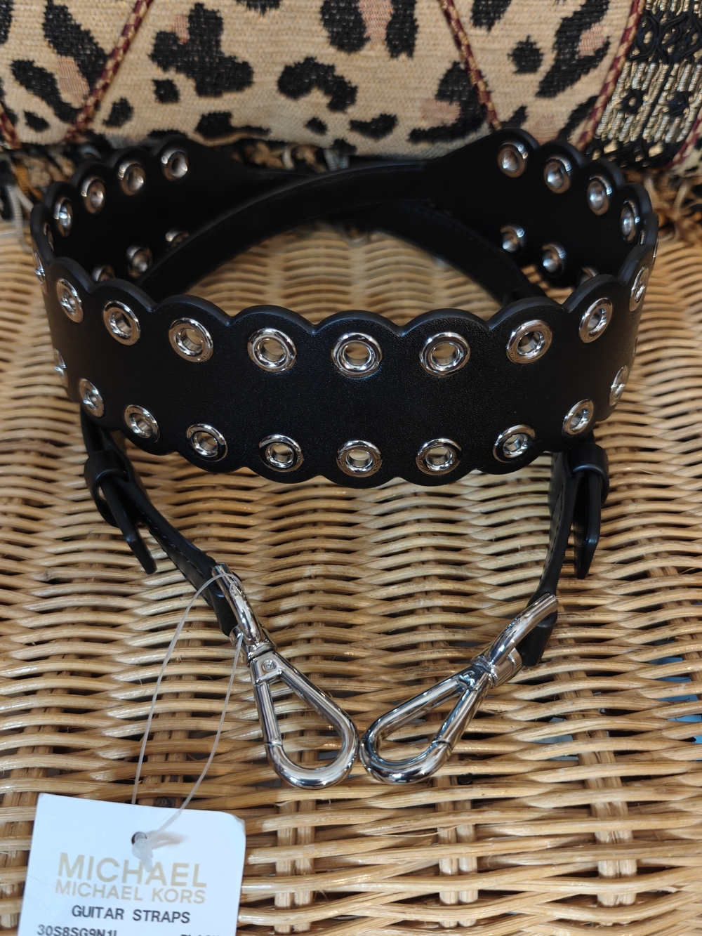 Michael Kors Black Scalloped Grommet Guitar Strap with Silver Hardware